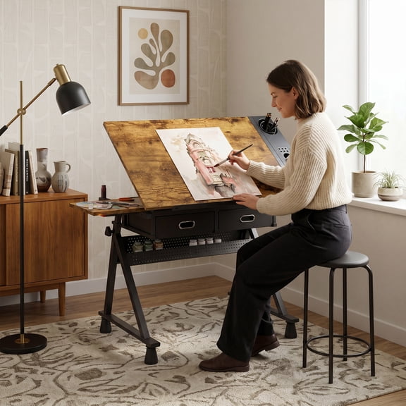 Adjustable Drafting Table Desk with Storage  Multi-Functional Art Desk for Adults, Drawing & Painting Table, Artist Desk & Drafting Table with Drawers, Art Table with Storage, Brown & Black