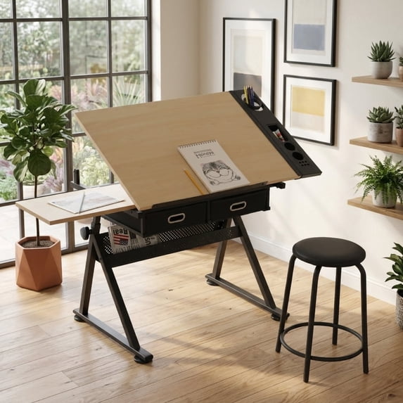 Adjustable Drawing Drafting Table Desk with 2 Drawers for Home Office Studio with Stool, Tiltable Desktop Height Adjustable Art Desk, Maple