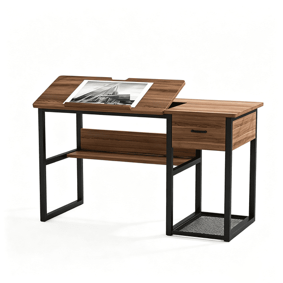 Adjustable Drafting Table with Drawer & Shelves, Tilting Desktop Art Craft Desk, Metal Frame Particle Board Workstation 250 lbs Capacity for Home Office