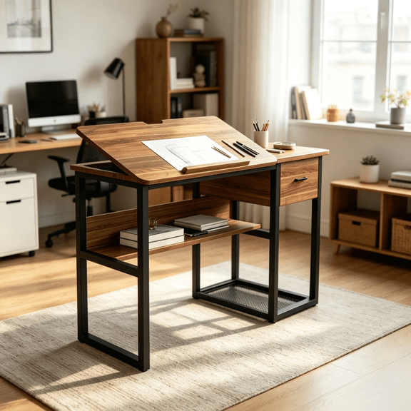 Adjustable Drafting Table with Drawer & Shelves, Tilting Desktop Art Craft Desk, Metal Frame Particle Board Workstation 250 lbs Capacity for Home Office