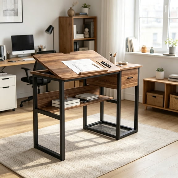 Adjustable Drafting Table with Drawer & Shelves, Tilting Desktop Art Craft Desk, Metal Frame Particle Board Workstation 250 lbs Capacity for Home Office
