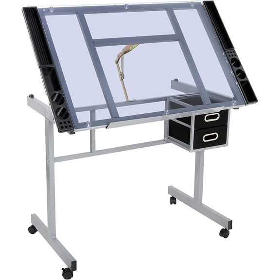 Adjustable Drafting Table Drawing Desk Art Craft Station Drafting Desk Glass Tabletop w/2 Slide Drawers and Wheels for Drawing, Sketching, Reading, Painting Home Office