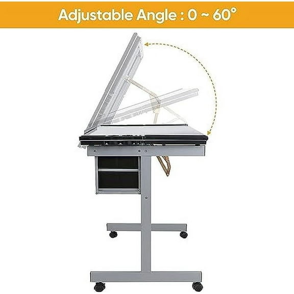 Adjustable Drafting Table Drawing Desk Art Craft Station Drafting Desk Glass Tabletop w/2 Slide Drawers and Wheels for Drawing, Sketching, Reading, Painting Home Office