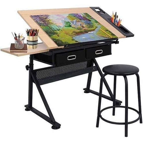 Adjustable Drafting Table Drawing Table, Tilting Tabletop Art Craft Desk w/2 Storage Drawers Stool for Home Office Crafting, Reading, Writing (Natural Wood)