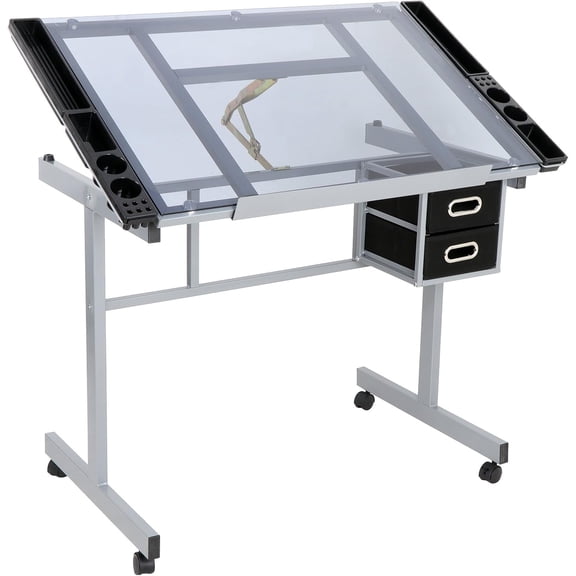 Adjustable Drafting Table with Glass Tabletop, Art Desk and Craft Work Station, Includes 2 Slide Drawers and Wheels for Home Office, Ideal for Reading, Writing, and Painting