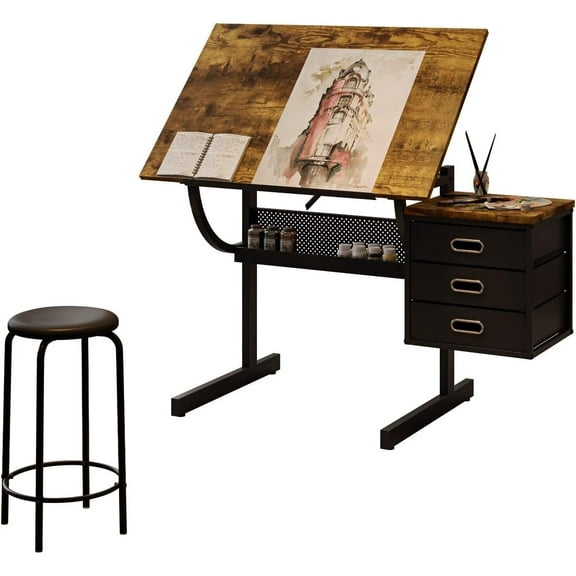 Adjustable Drafting Table with Stool and Storage Drawers - Industrial Style Design Art Desk for Drawing, Crafting, and Office Use, Perfect for Artists and Creative Workspaces
