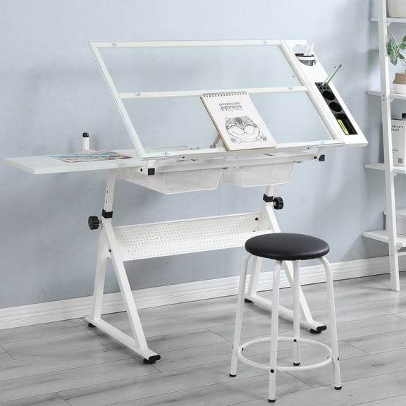 Adjustable Drafting Table,Tilting Art Desk,Drawing Drafting Table Deskfor Drawing,Painting,Craft,White
