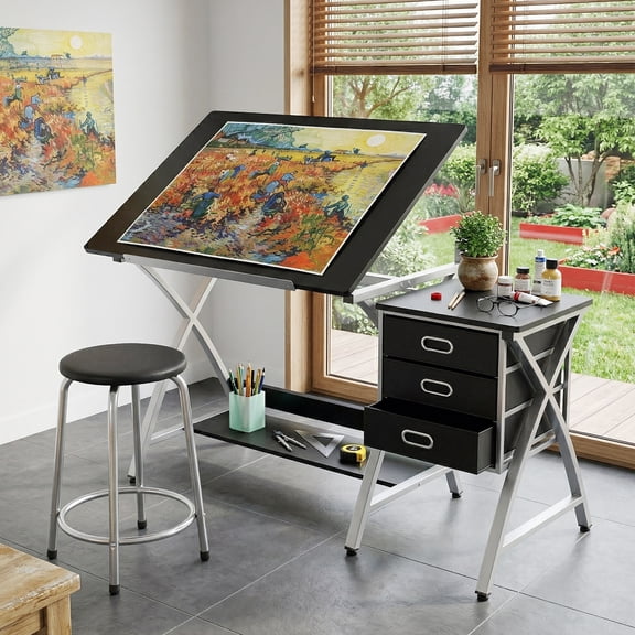 Adjustable Drafting Table for Adults, Art Desk with Storage Drawers and Stool, Multifunctional Drawing and Painting Workstation