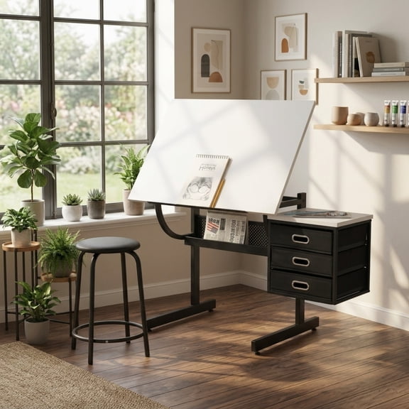 Adjustable Drafting Table with 3 Drawers & Stool, Tiltable Art Drawing Desk Craft Station for Art Craft Home Office School
