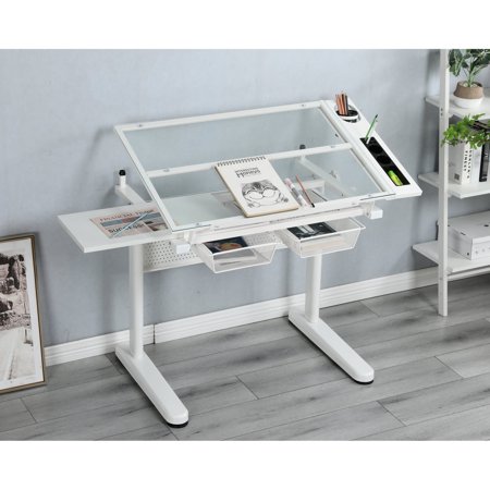 Adjustable Drafting Table with Hand Crank / Featuring Tiltable Glass Surface and Metal Drawers