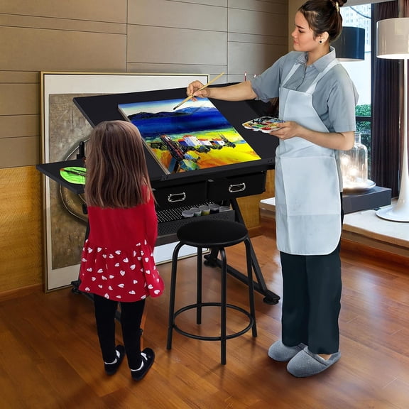 Adjustable Drafting Table with Stool, Height Tiltable Art Desk w/2 Drawers & Storage Shelf for Reading Writing Studying