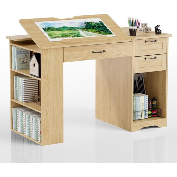 Adjustable Drafting Table with Storage Cabinet, Drawers, and Open Shelves for Artists