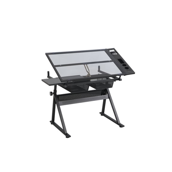 Adjustable Drafting Table with Tempered Glass Top, Storage Drawers and Stool, Artist Drawing Desk for Home Office, Studio and School