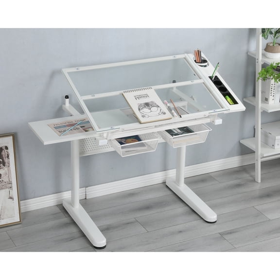 Adjustable Drafting, Tiltable Glass Surface - Table with Metal Drawers and Adjustable Legs