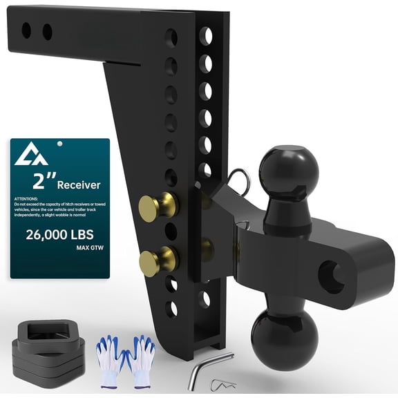 Adjustable Drawbar Trailer Hitch - Fits 2'' Receiver, 8'' Drop/ Ball Mount, Solid Dual Ball (2" x 2-5/16") Tow Hitch 26,000 LBS GTW with Pin for Class III & IV