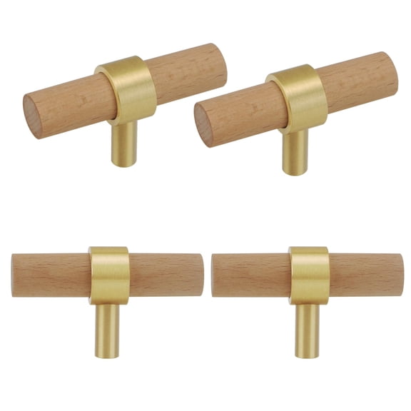 Adjustable Drawer Pulls Natural Wood and Brass Cabinet Handles for Kitchen Cupboard Closet,4Set Boho Wood and Gold Dresser Knob Unfinished DIY Brushed Brass Base 3~5 Inch