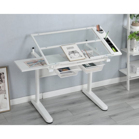 Adjustable Drawing Desk with 2 Metal Drawers / Tiltable Glass Top, Storage & Uneven Ground Adaptability