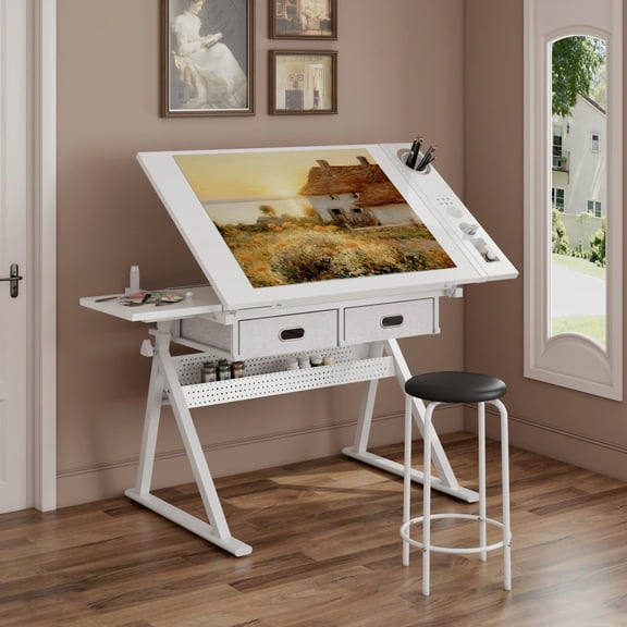 Adjustable Drawing Drafting Table Desk Drawers Home Office School Stool White