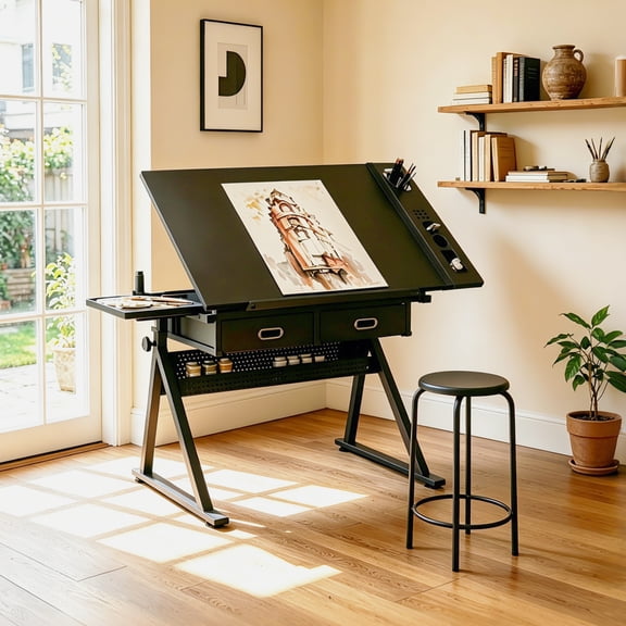 Adjustable Drawing Drafting Table Desk with Stool, Height & Angle Adjustable Art Table with 2 Drawers, Tiltable Desktop for Artist, Home Office, Black