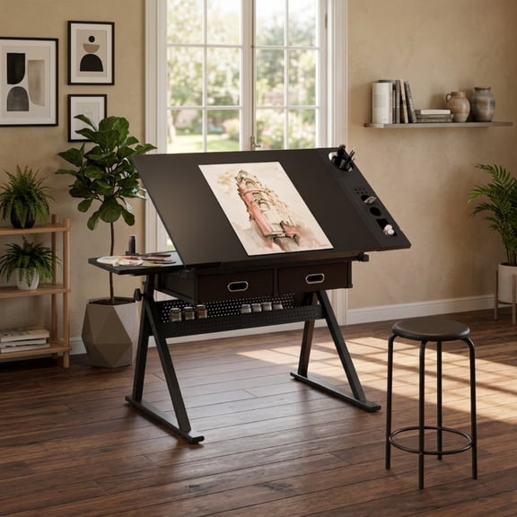Adjustable Drawing Drafting Table Desk with Stool, Height & Angle Adjustable Art Table with 2 Drawers, Tiltable Desktop for Artist, Home Office, Black