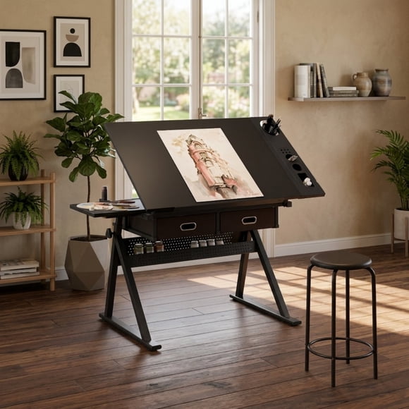Adjustable Drawing Drafting Table Desk with Stool, Height & Angle Adjustable Art Table with 2 Drawers, Tiltable Desktop for Artist, Home Office, Black