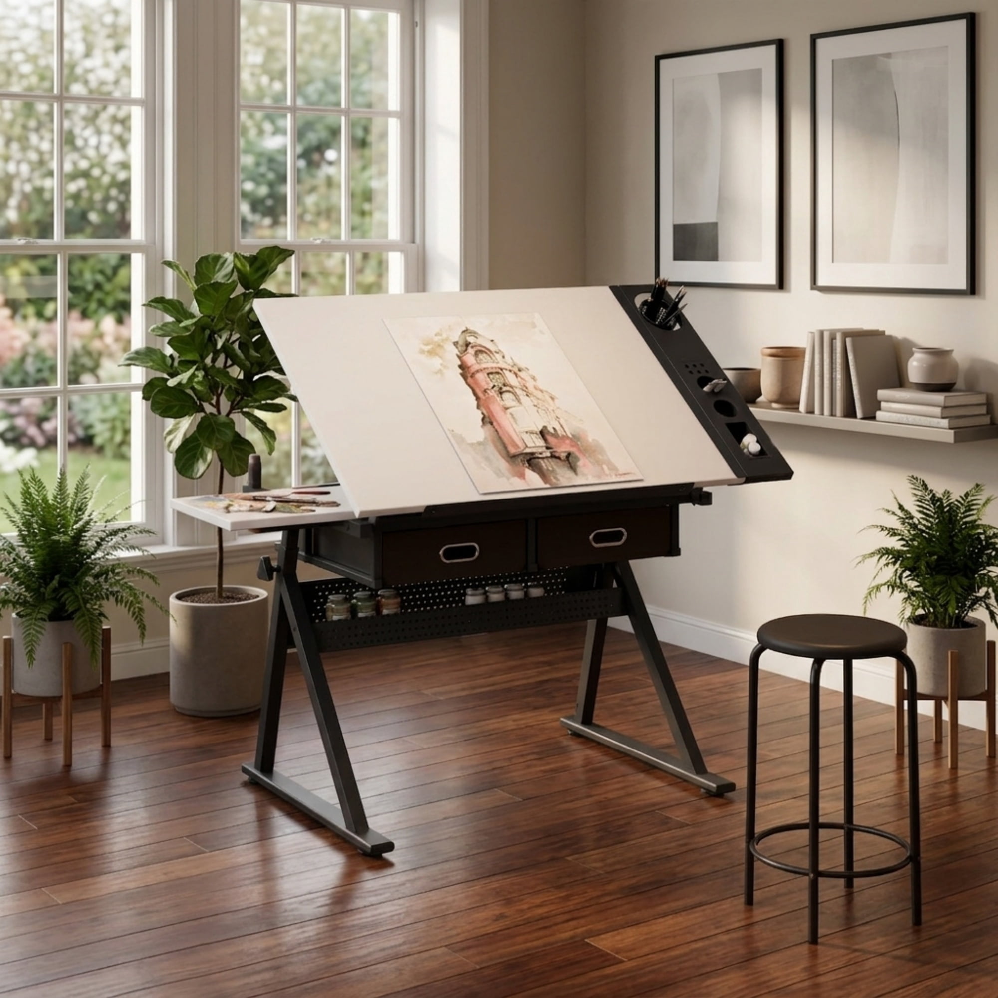 Adjustable Drawing Drafting Table Desk with Stool, Height & Angle Adjustable Art Table with 2 Drawers, Tiltable Desktop for Artist, Home Office, White