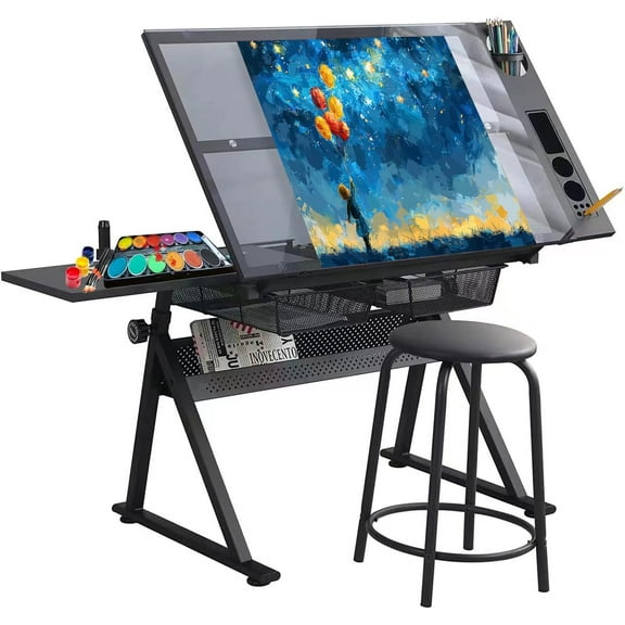 Adjustable Drawing Table for Artists | Drafting Desk with Tilted Glass Top | Art & Craft Table for Adults