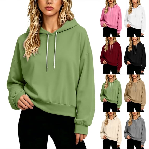 Adjustable Drawstring Hood Sweatshirt for Women Aesthetic Drop Shoulder Pullover Solid Casual Tops Daily Outfit Match.
