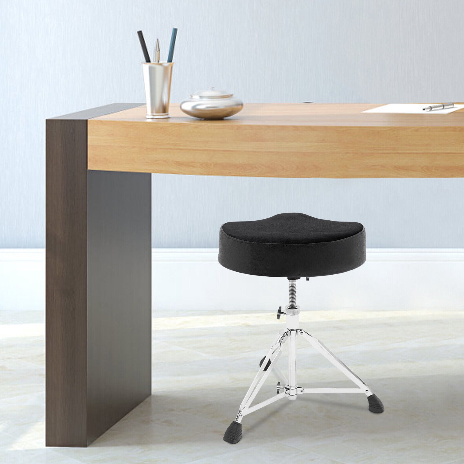 Adjustable Drum Stool, Foldable and Portable Drum Chair Seat, iron Frame, PU Seat Padded Drum Seat  Black+Silver
