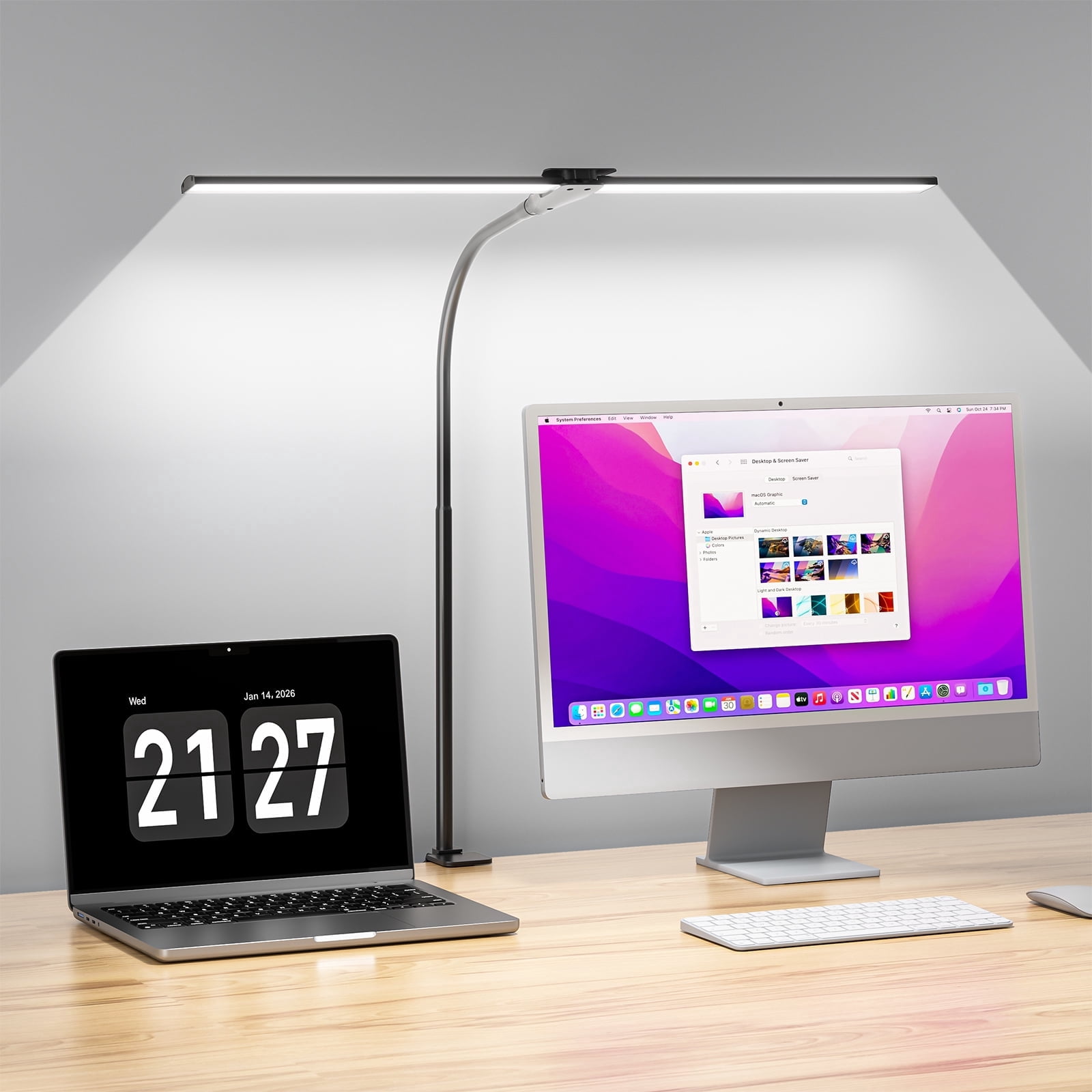 LED Desk Lamps for Home Office, Double Head Monitor Light - Flexible Hose, Adjustable Height, 5-Level Dimmable Eye-Caring Brightness & Color, Architect Lamp for Work, Study