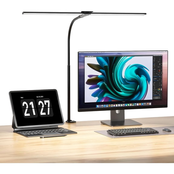 LED Desk Lamps for Home Office, Double Head Monitor Light - Flexible Hose, Adjustable Height, 5-Level Dimmable Eye-Caring Brightness & Color, Architect Lamp for Work, Study