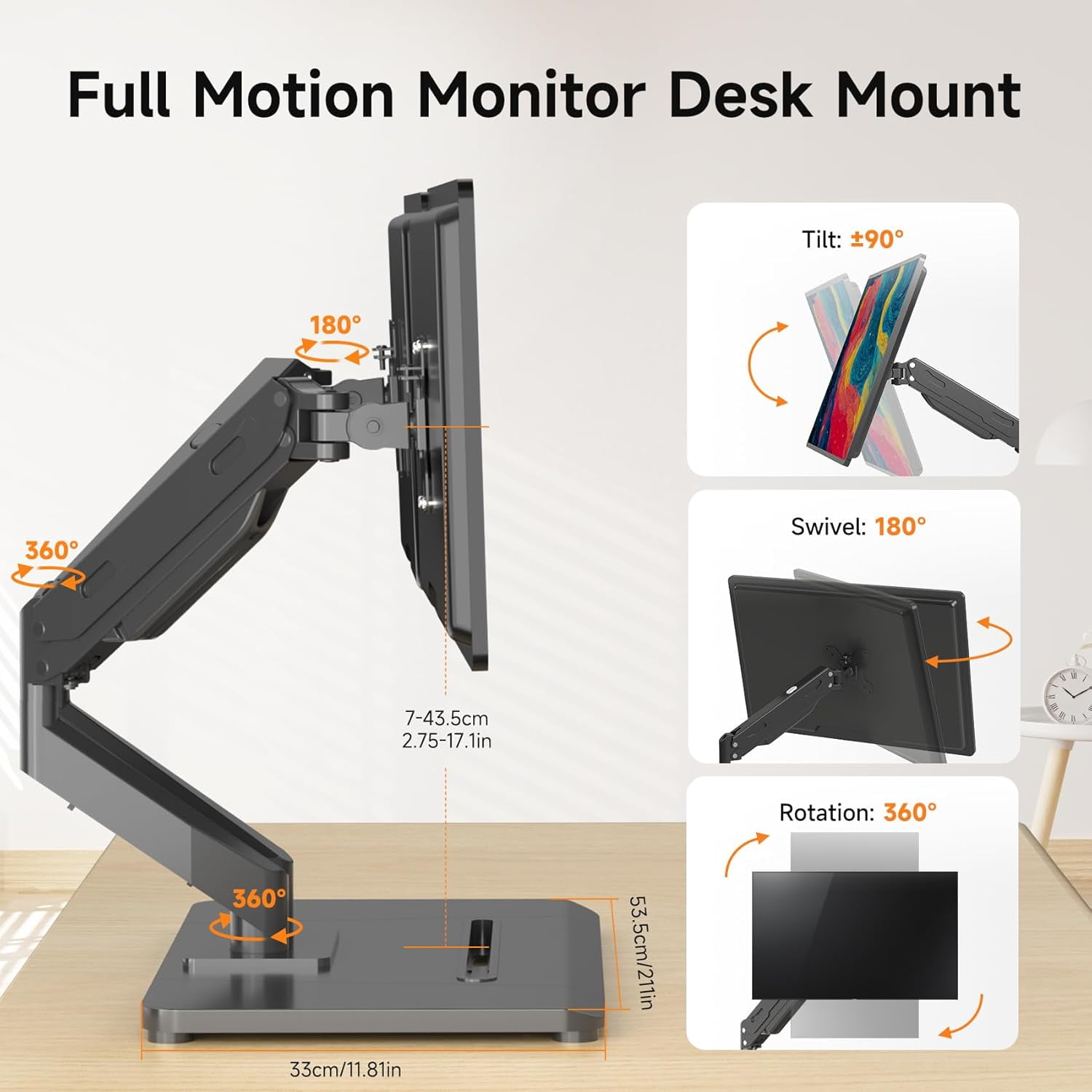 Adjustable Dual Monitor Arms with Gas Spring for 17-32 inch Screens,Pneumatic Dual VESA Monitor Mount with Base,Freestanding Full Motion Dual Monitor Desk Stand Holds  to 22 lbs Each.