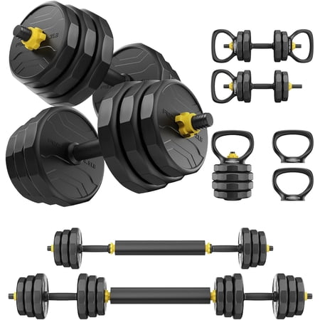 Adjustable Dumbbell 48lbs Free Weight Set with 4 Modes, Used as Barbell, Kettlebells, Push up Stand, Fitness Exercises for Home Gym Suitable Men/Women