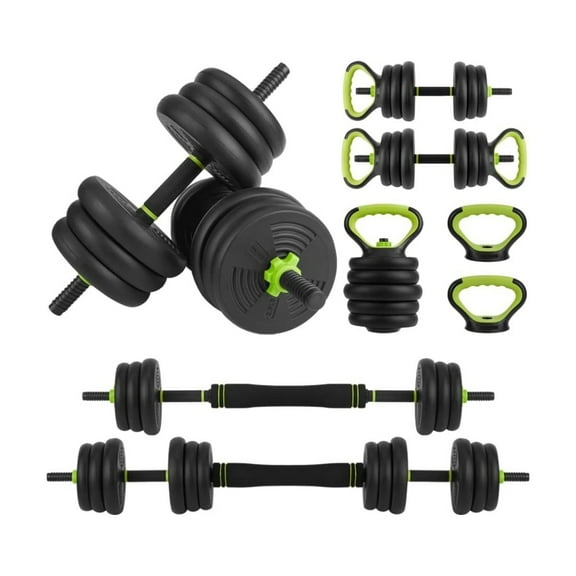 Adjustable Dumbbell Set, 4 in 1 Adjustable Kettlebell Set,44lbs/66lbs/88lbs Weight Set Used as Kettlebells, Barbell, Push up Stand for Home Gym,Green and Black,Round Head