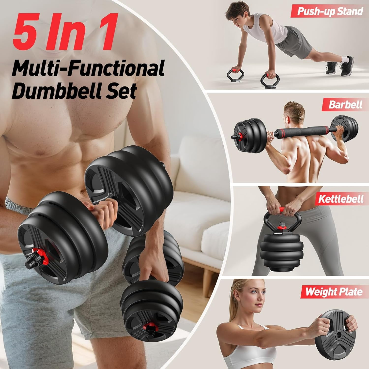 Adjustable Dumbbell Set 5-in-1 with Double Lock Nut, 20/35/45/55/70/90lbs Free Weights for Home Gym, Kettlebell Barbell Push-up Stand
