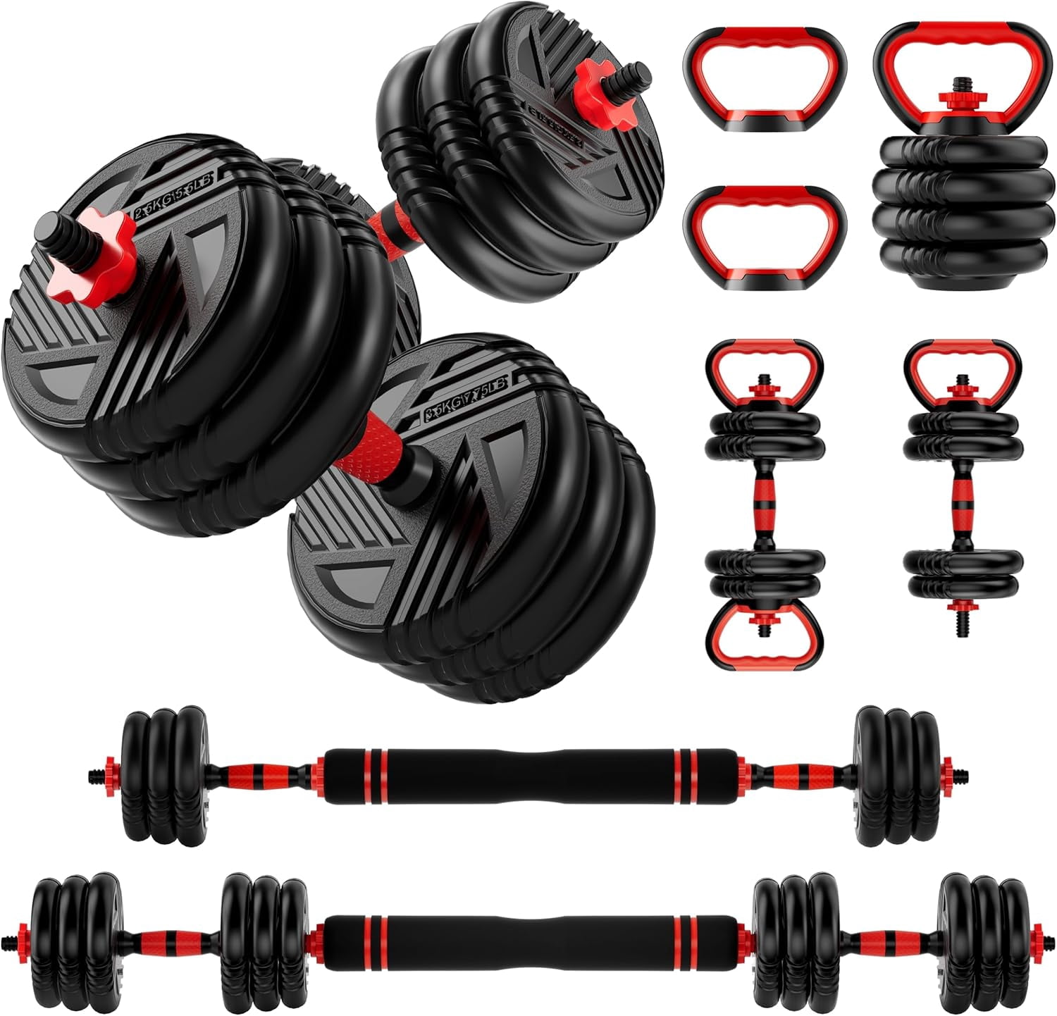 Adjustable Dumbbell Set Converts to Barbell and Kettlebell, 5-in-1 Multi-Function Home Gym Weight Set for Men and Women