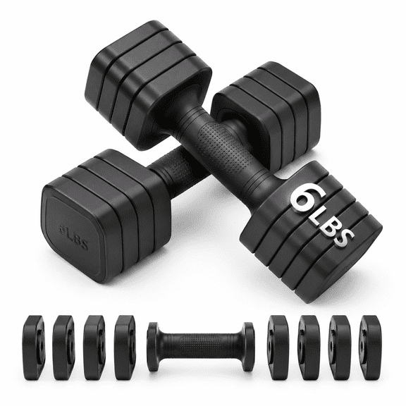 Adjustable Dumbbell Set of 2, Black, 6 Lbs Total, Soft Rubber Handle for Home Gym Workouts