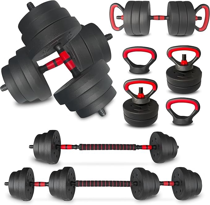 4 in 1 Adjustable Dumbbell Set 90LB for Women & Men, Convertible Free Weights for Home Gym, All-in-One Fitness Equipment as Kettlebell, Barbell, Push-Up Bar for Full Body Workout, Space Saving Design