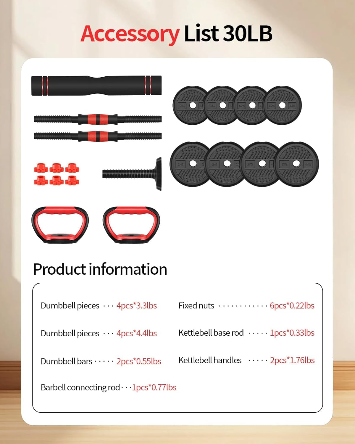 Adjustable Dumbbells Set 30lbs with Connector Barbell Kettlebell Push- Stand Home Gym Fitness Equipment for Men Women