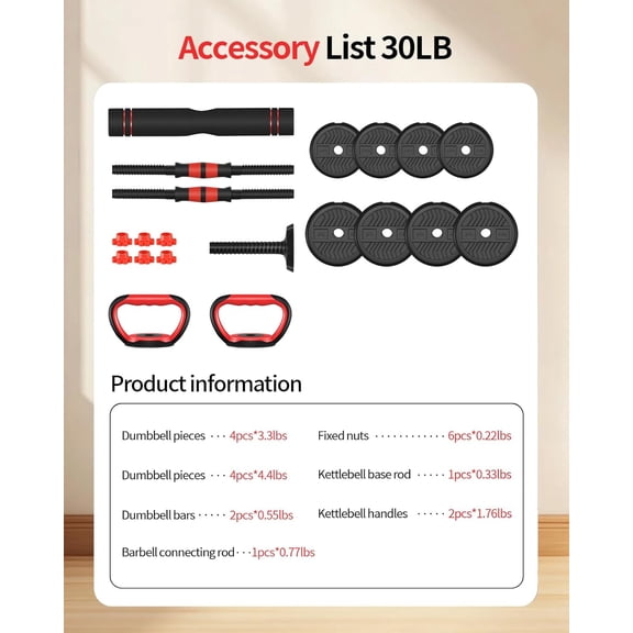 Adjustable Dumbbells Set 30lbs with Connector for Home Gym
