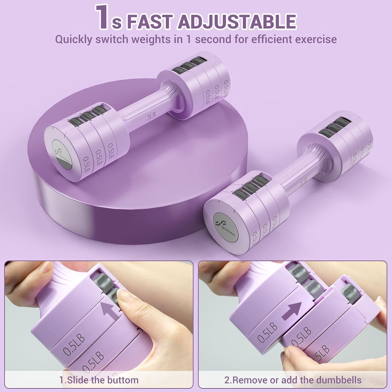 Adjustable Dumbbells Set of 2, 5 lb Hand Weights Fast Adjust 4 in 1  Weights for Home Gym Exercise Training