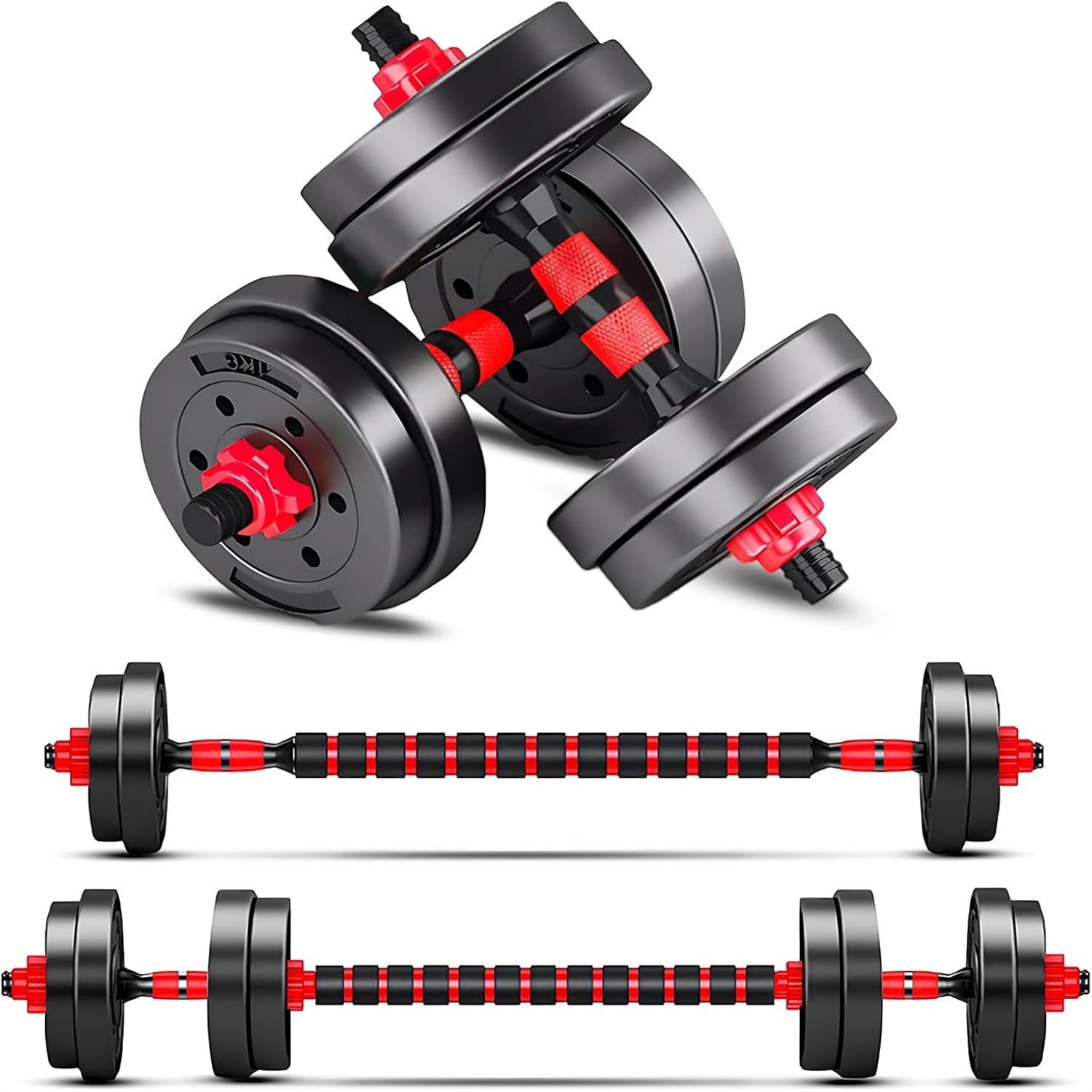 Adjustable Dumbbell Set of 2, Convertible to Barbell, 20 lbs (10 lbs Each), Red