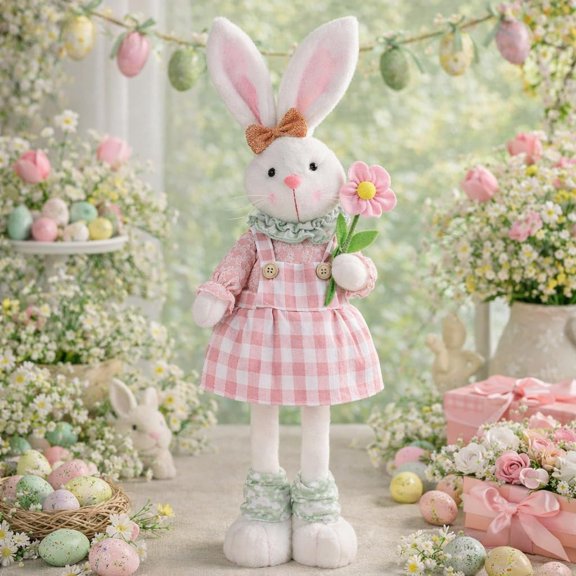 Adjustable Easter Bunny Gnome with Flower 16.1 to 21.7 Extendable Plush Rabbit Decor, Spring Bunny Tabletop Decoration, Cute Easter Gift for Home, Shelf & Holiday Display