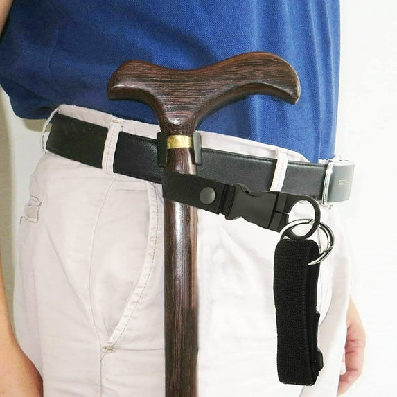 Adjustable Elastic Wrist Straps and Hands Free Walking Stick Cane Holder No More Dropping Walking Sticks - Attach to Belt or Waist Band -(Suitable for 7/8~1")~ Perfect Solution - No Walking Stick