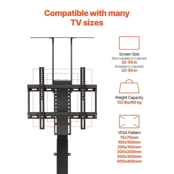 Adjustable Electric TV Lift Stand, 32-55" TV Mount Bracket, 132 lbs Load, Remote Controlled