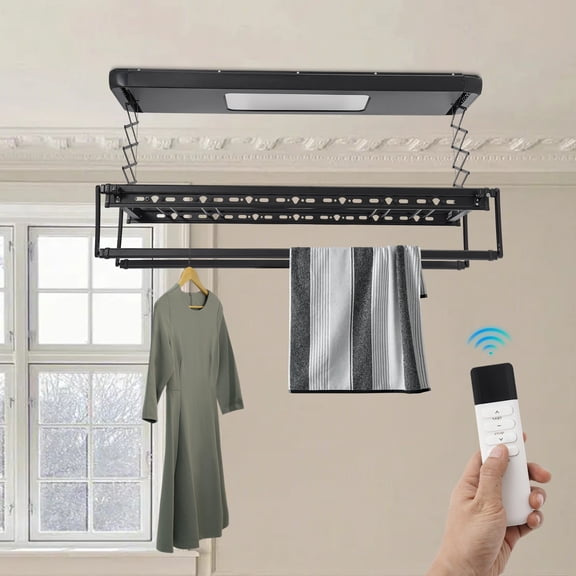 Adjustable Electrical Drying Rack with Lights, 3 in 1 Ceiling Mounted Clothes Drying Rack Black