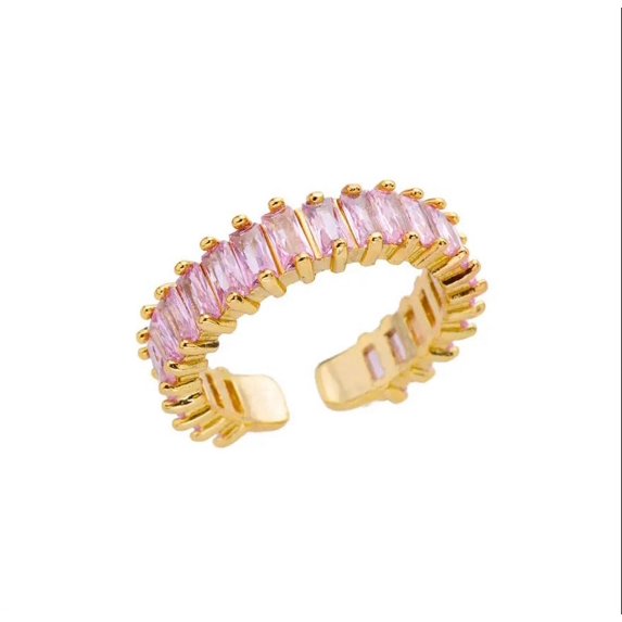 Adjustable Electroplated Geometric Copper Ring with Rainbow Zircon Rhinestones, Simple Style Unisex Ring for Women