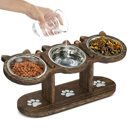 Adjustable Elevated Cat Bowls - 3 Stainless Steel 15° Tilted Pet Bowls with Black Stand for Indoor Cats/Small Dogs-Brown