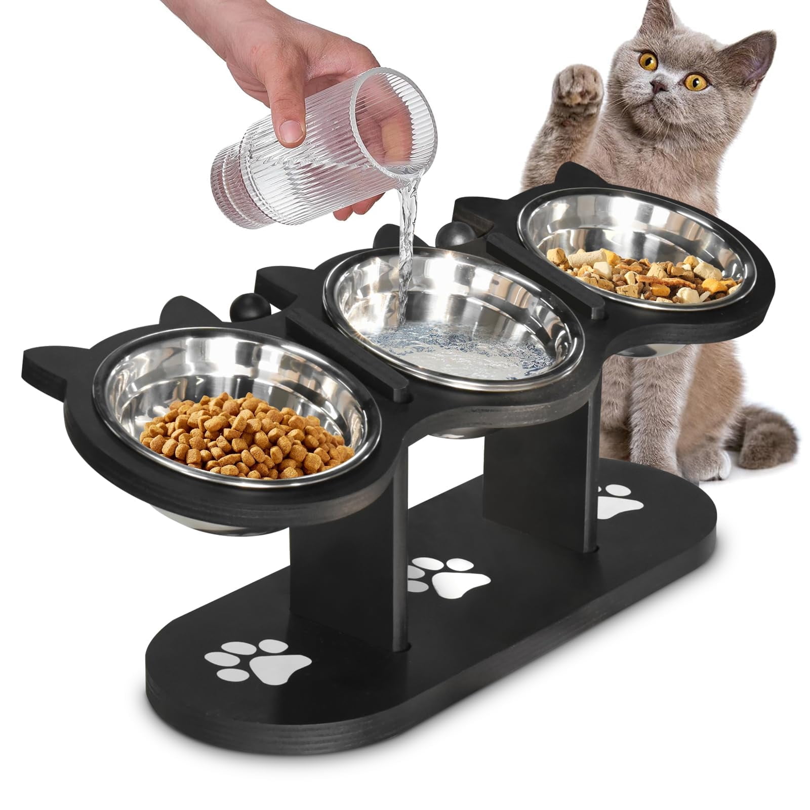 Adjustable Elevated Cat Bowls - 3 Stainless Steel 17° Tilted Pet Bowls with Black Stand for Indoor Cats/Small Dogs-Black