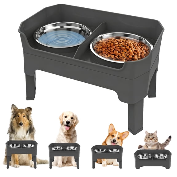 Adjustable Elevated Dog Bowls with Stand, 4 Height Settings, Double Stainless Steel Bowls with Raised Splash Guard, Feeding Station with Licking Tray